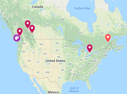 Map of Galleries representing Canadian Artist Shannon Ford